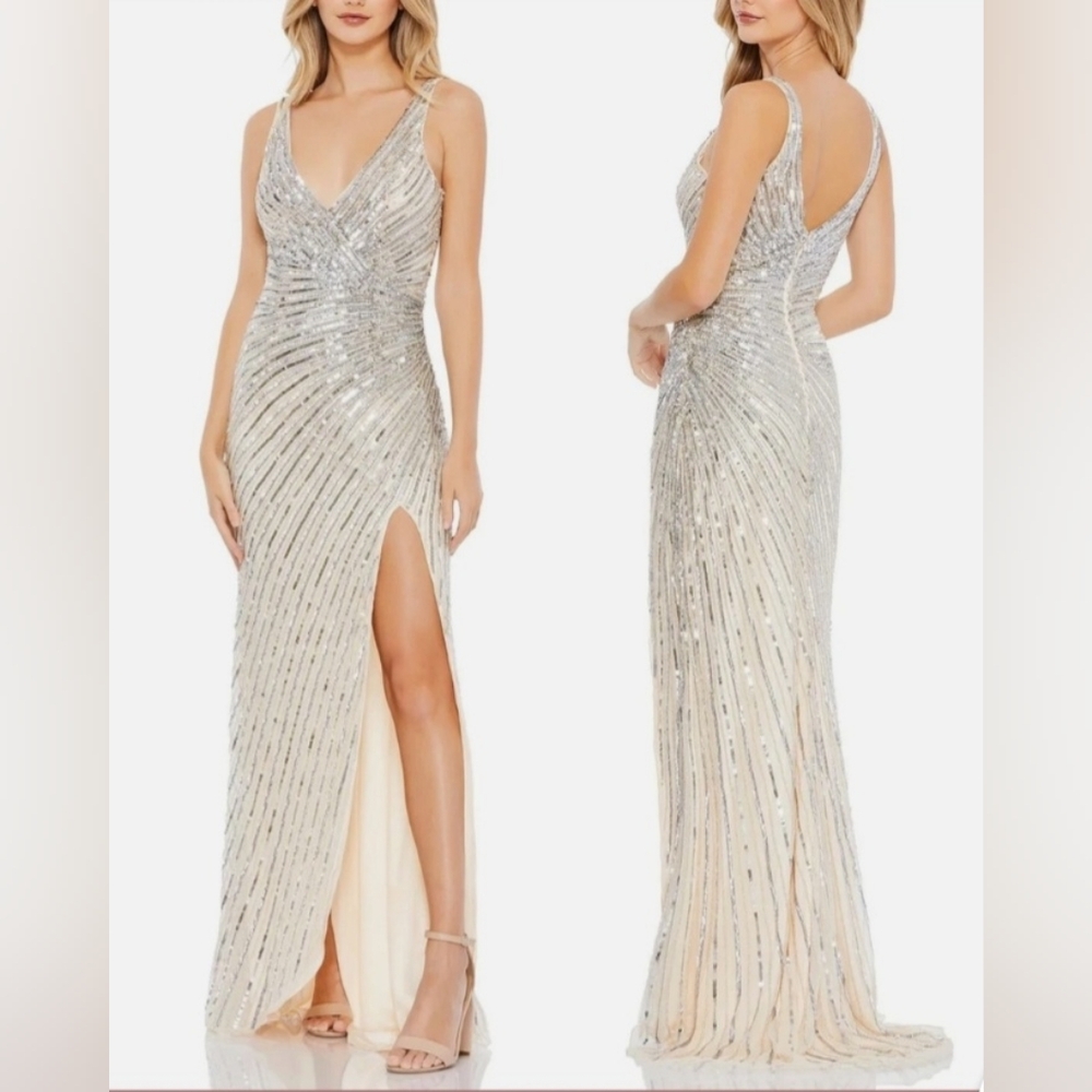 Mac Duggal Silver Beaded V-Neck Evening Gown with Thigh Slit